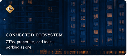Hotel buildings lit at night, representing connected properties and teams